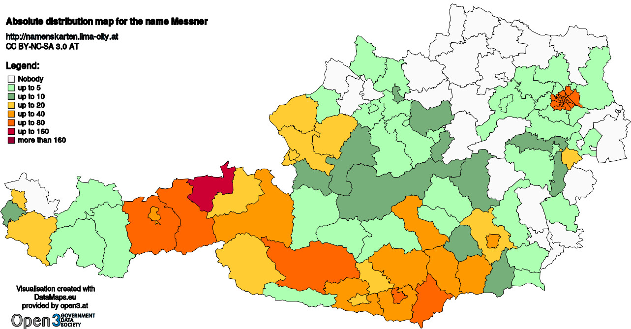 Absolute Distribution maps for surname Messner