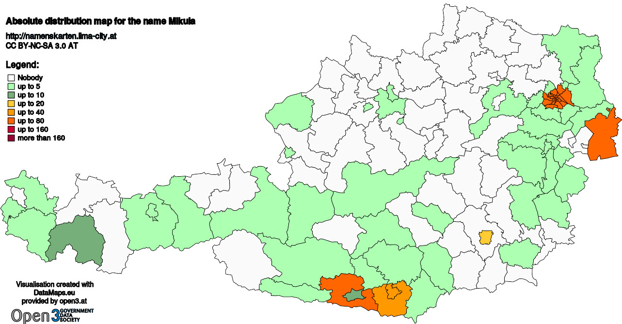 Absolute Distribution maps for surname Mikula