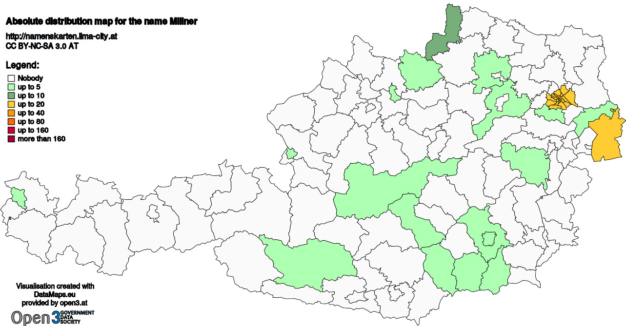 Absolute Distribution maps for surname Millner