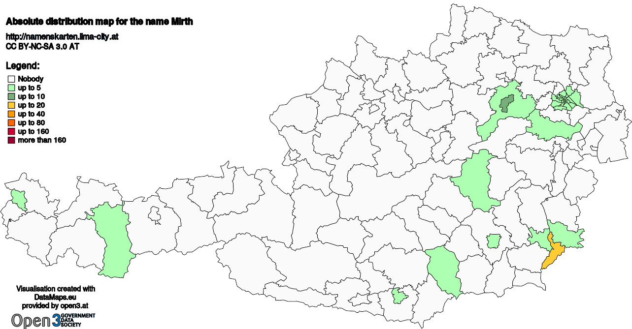 Absolute Distribution maps for surname Mirth