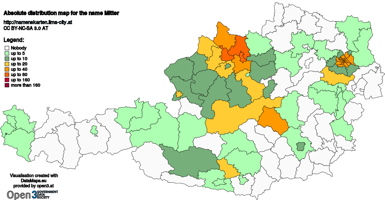 Absolute Distribution maps for surname Mitter