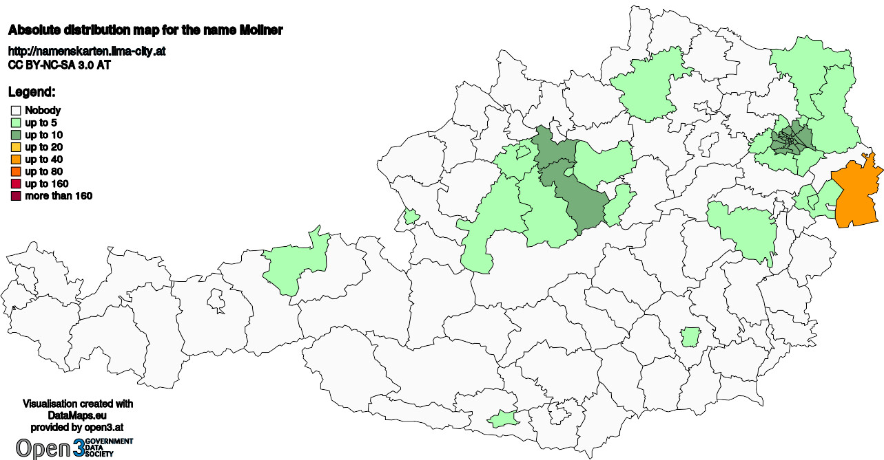 Absolute Distribution maps for surname Mollner