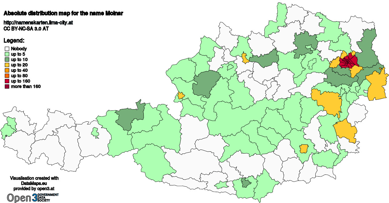 Absolute Distribution maps for surname Molnar