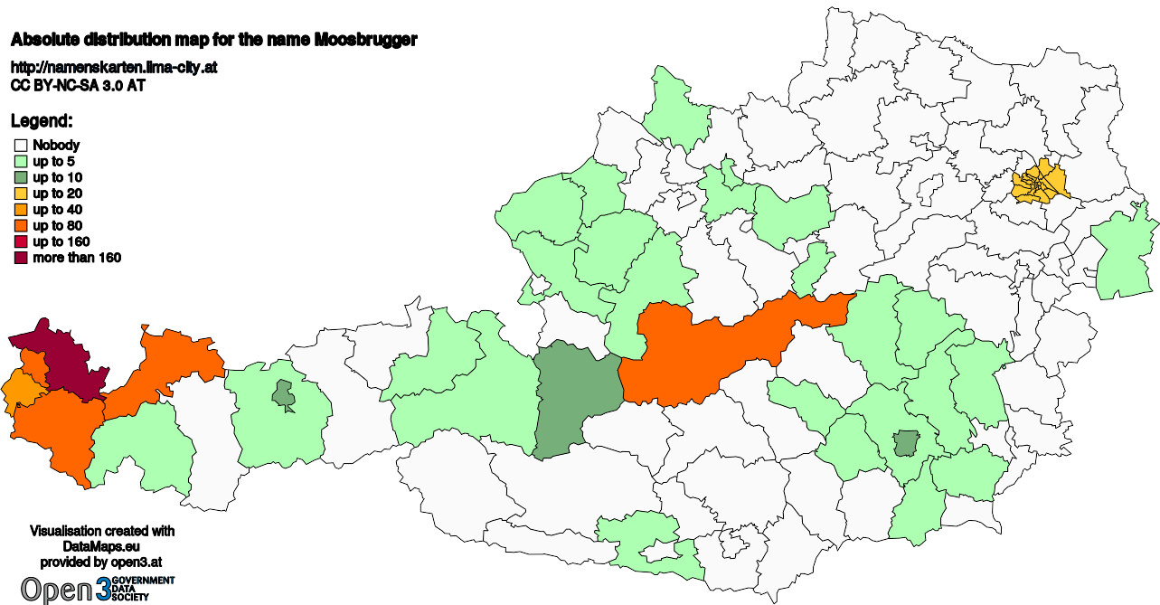 Absolute Distribution maps for surname Moosbrugger