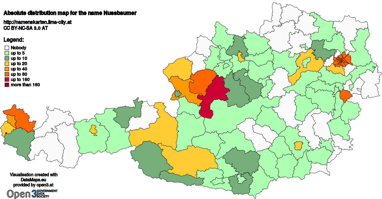 Absolute Distribution maps for surname Nussbaumer