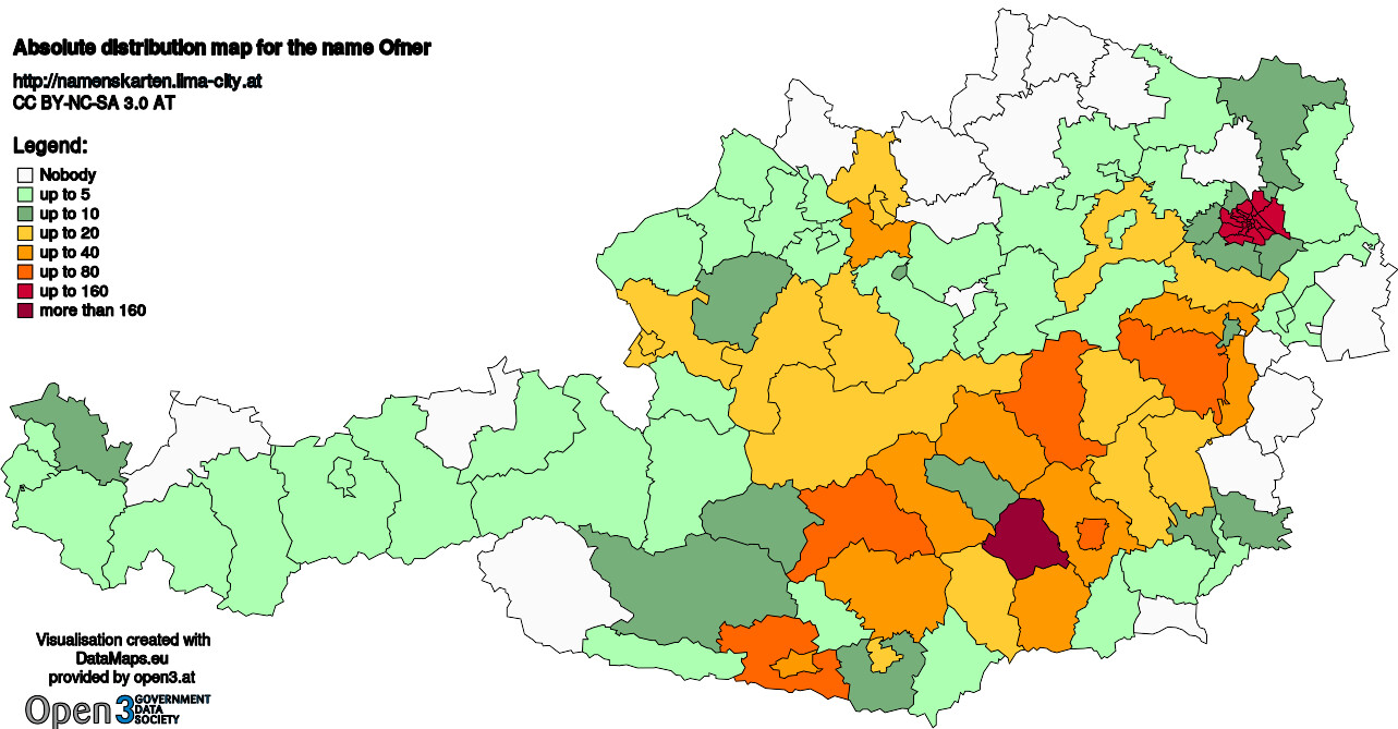 Absolute Distribution maps for surname Ofner
