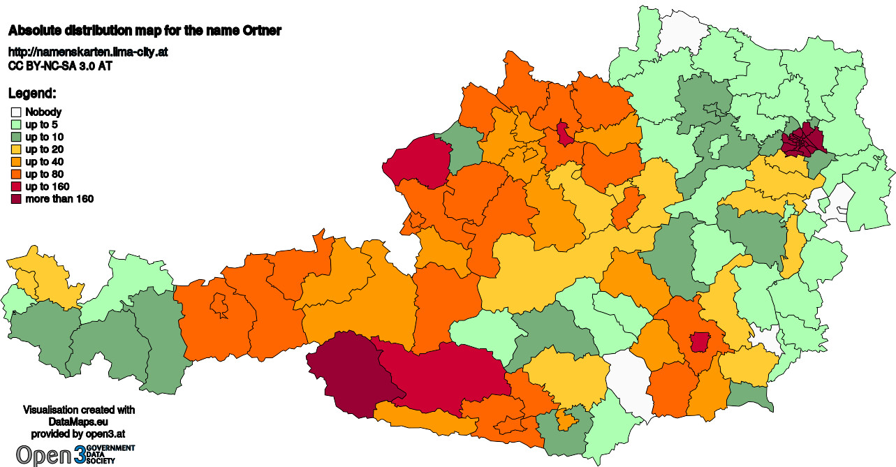 Absolute Distribution maps for surname Ortner