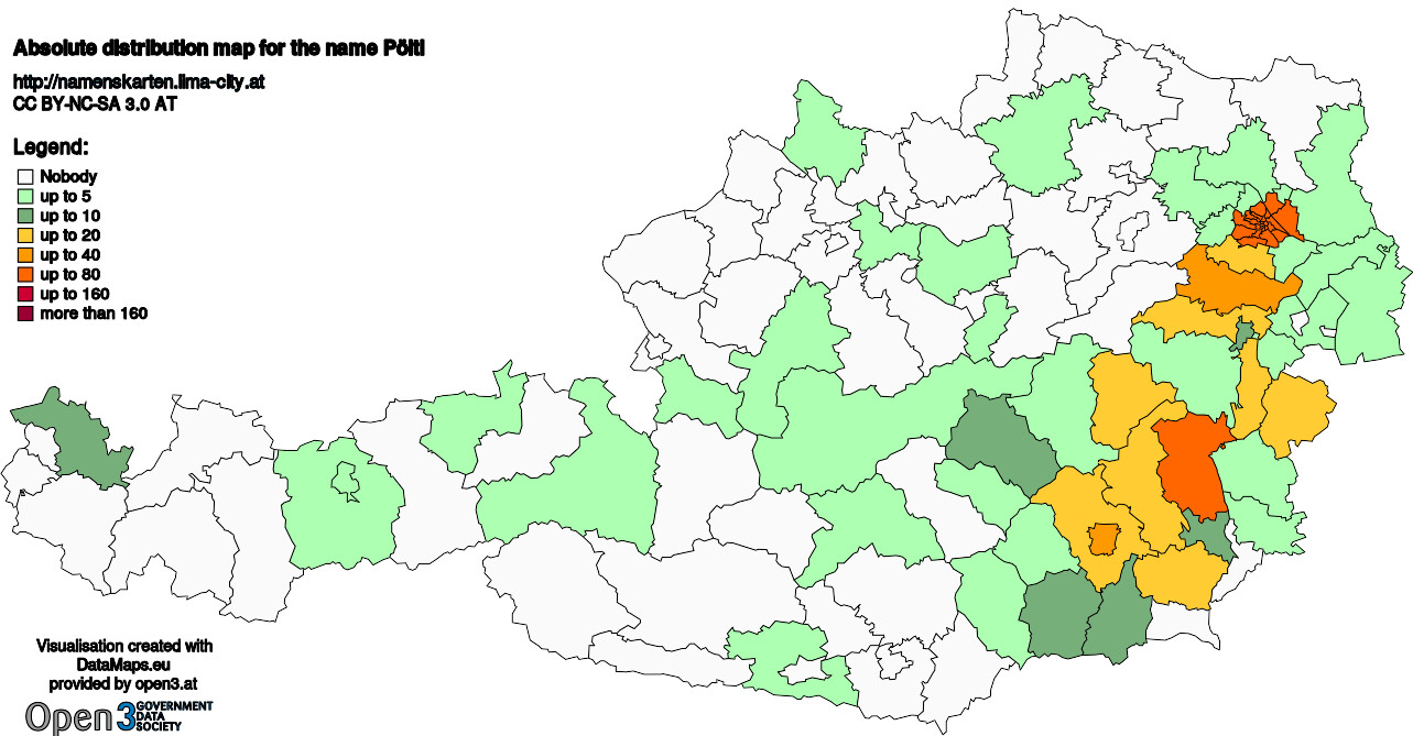 Absolute Distribution maps for surname Pöltl