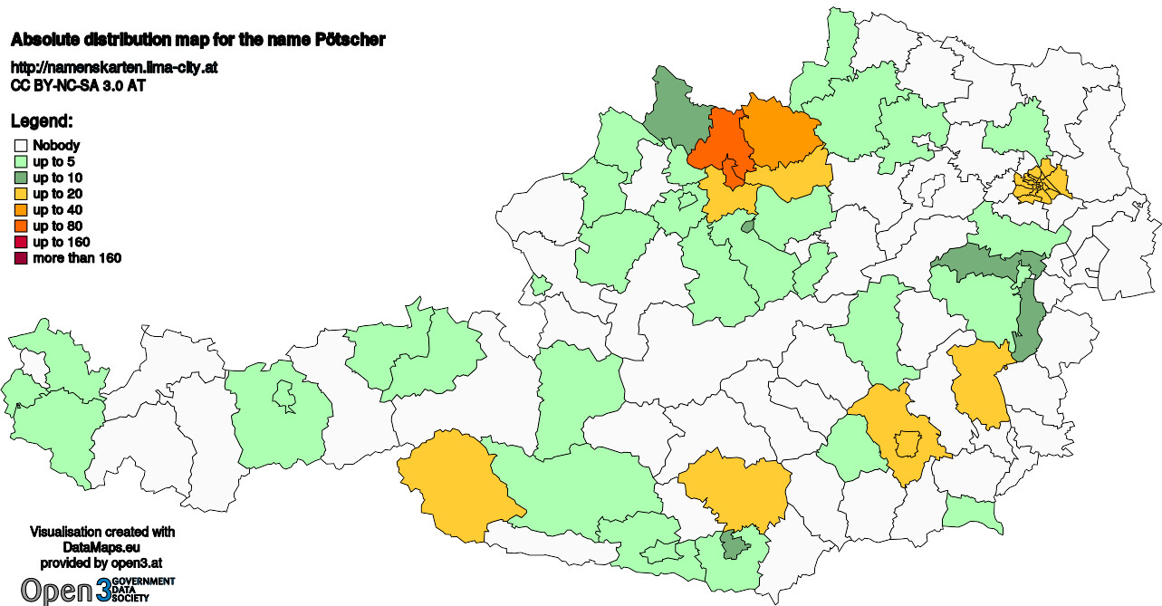 Absolute Distribution maps for surname Pötscher