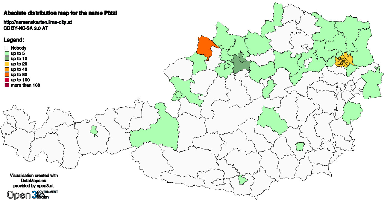 Absolute Distribution maps for surname Pötzl