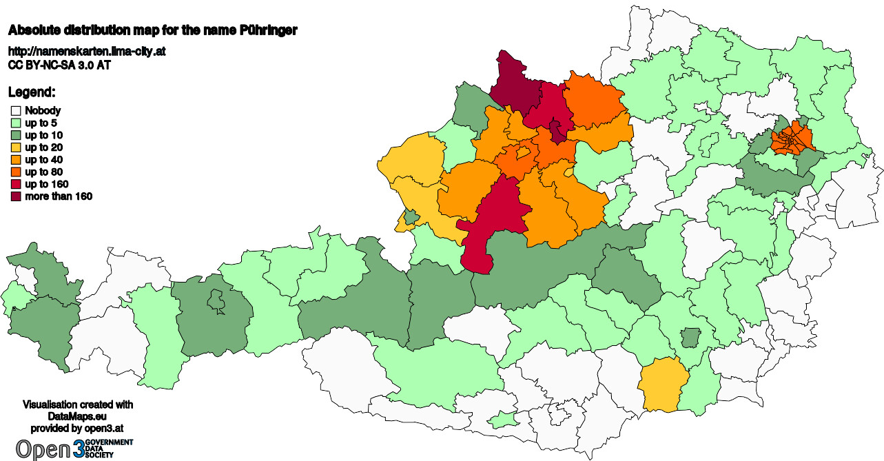 Absolute Distribution maps for surname Pühringer