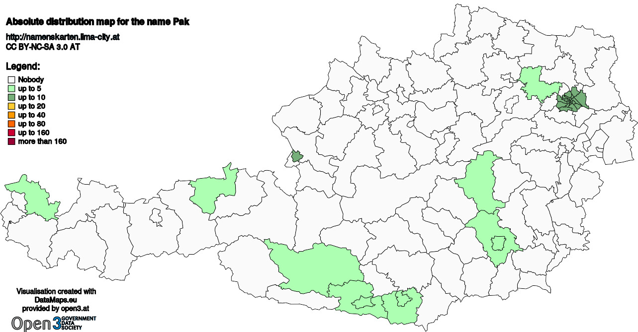 Absolute Distribution maps for surname Pak