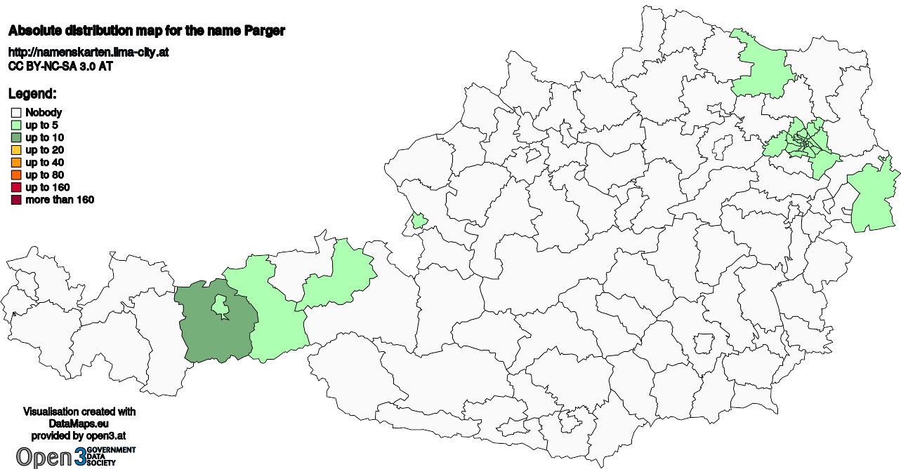 Absolute Distribution maps for surname Parger