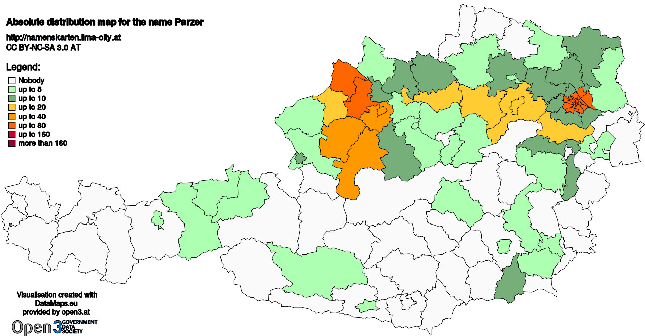 Absolute Distribution maps for surname Parzer