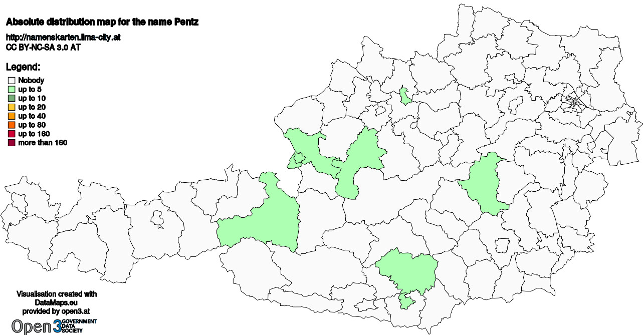 Absolute Distribution maps for surname Pentz