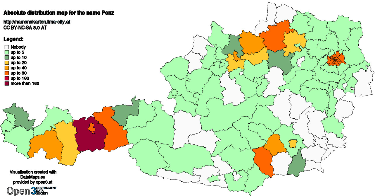 Absolute Distribution maps for surname Penz