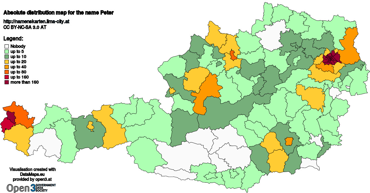 Absolute Distribution maps for surname Peter