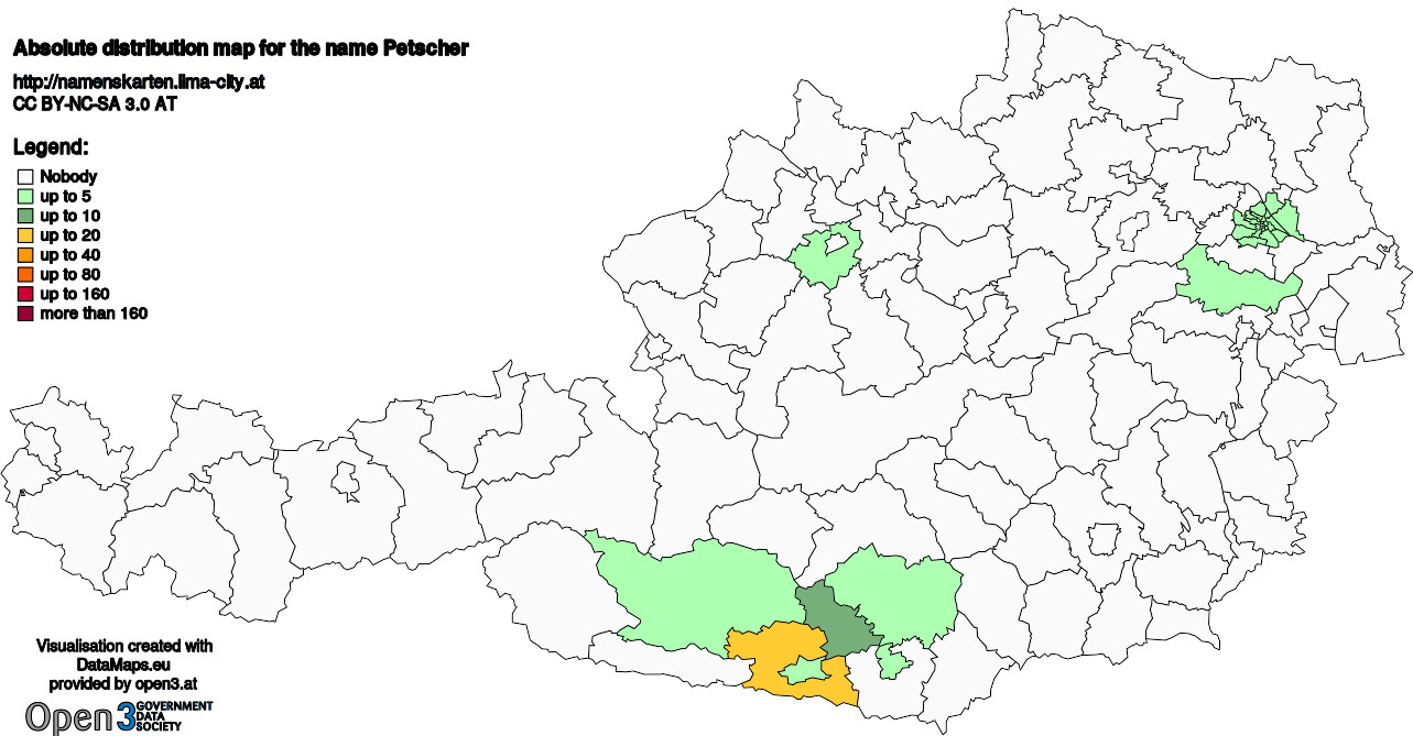 Absolute Distribution maps for surname Petscher