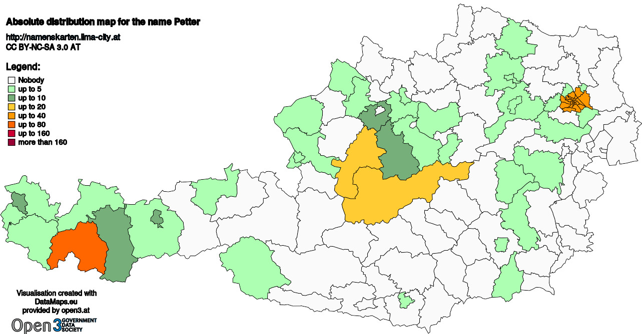 Absolute Distribution maps for surname Petter