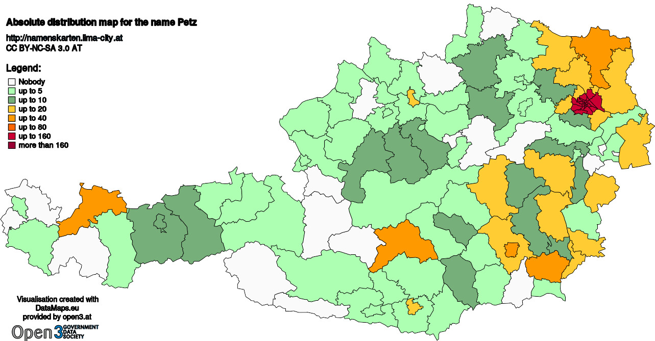 Absolute Distribution maps for surname Petz