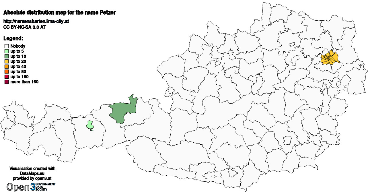 Absolute Distribution maps for surname Petzer