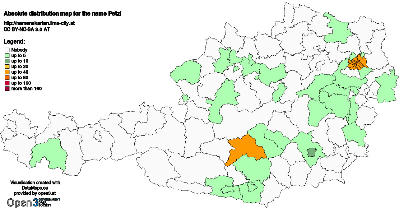 Absolute Distribution maps for surname Petzl