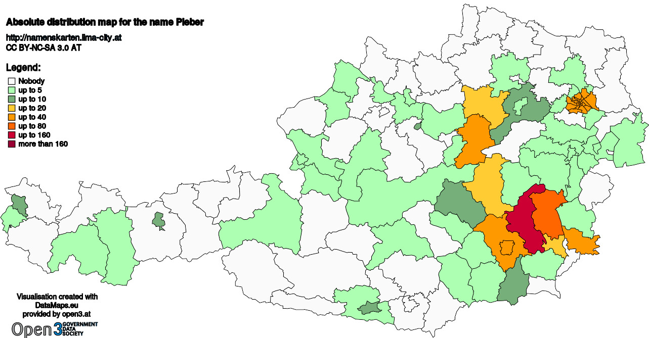 Absolute Distribution maps for surname Pieber