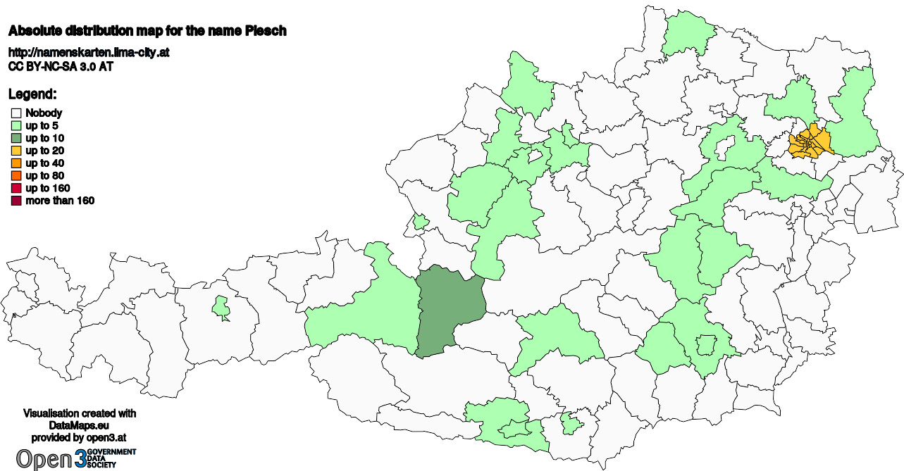Absolute Distribution maps for surname Piesch