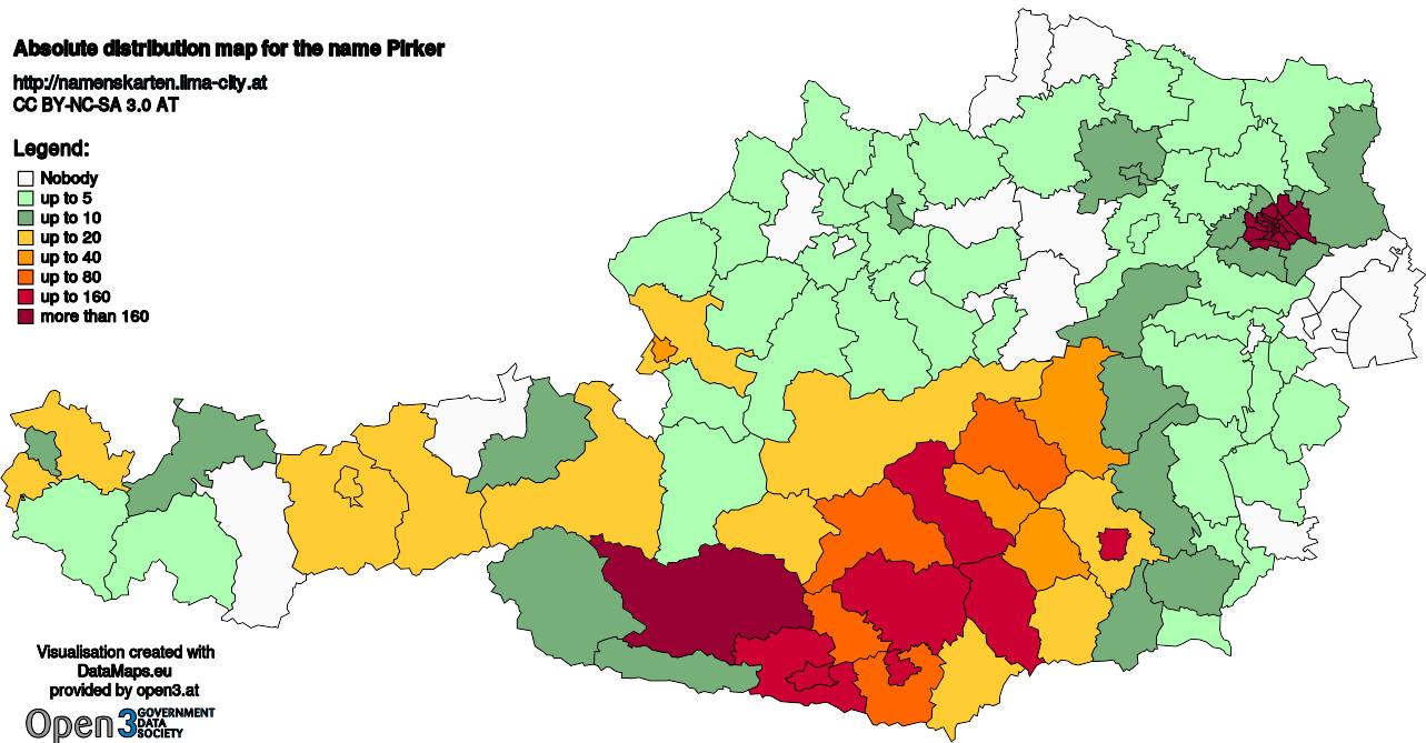 Absolute Distribution maps for surname Pirker