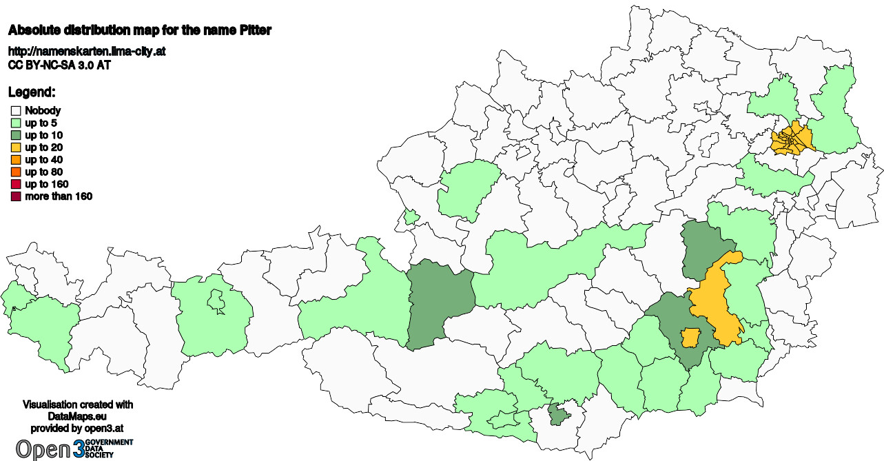 Absolute Distribution maps for surname Pitter