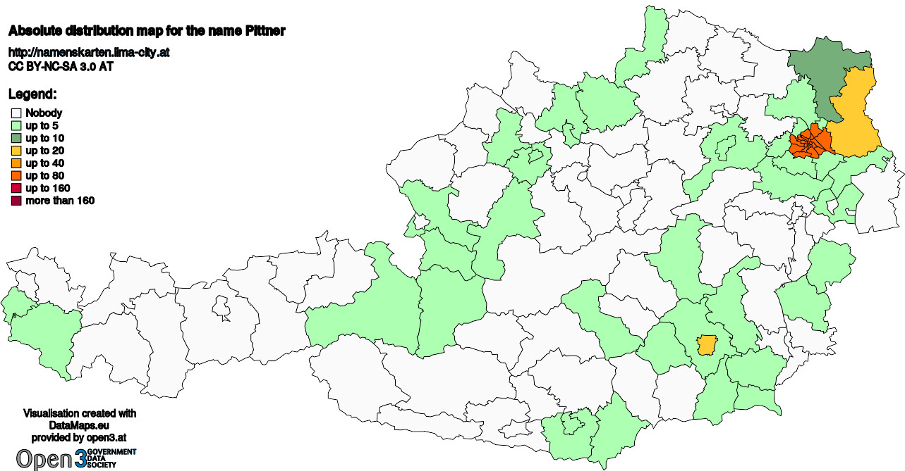 Absolute Distribution maps for surname Pittner