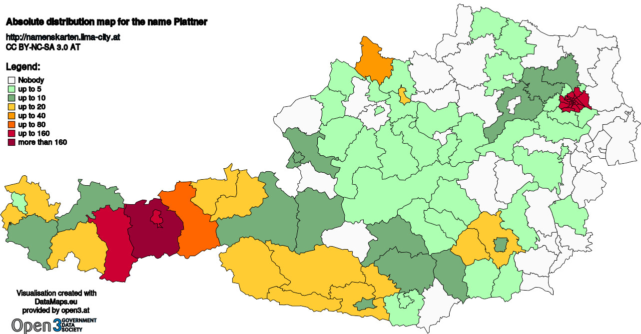 Absolute Distribution maps for surname Plattner