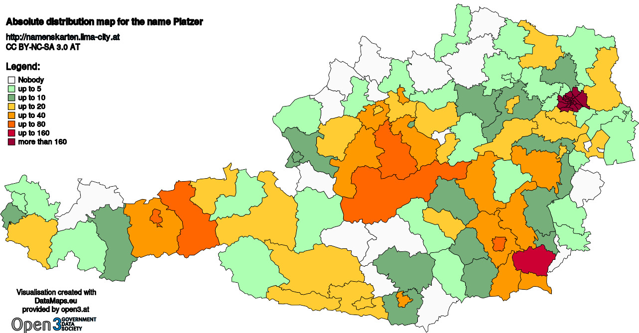 Absolute Distribution maps for surname Platzer
