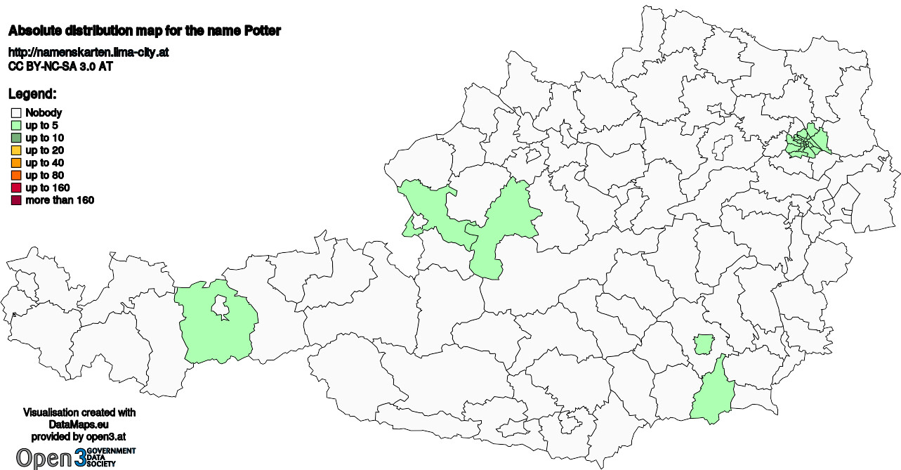 Absolute Distribution maps for surname Potter