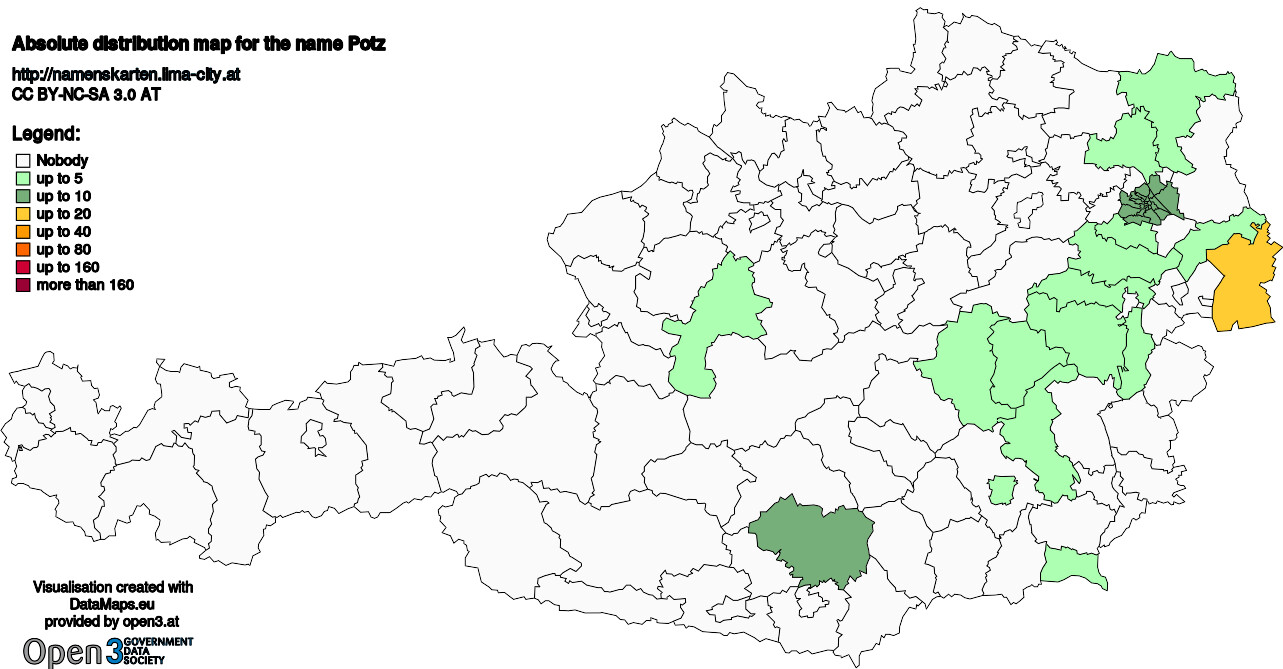 Absolute Distribution maps for surname Potz