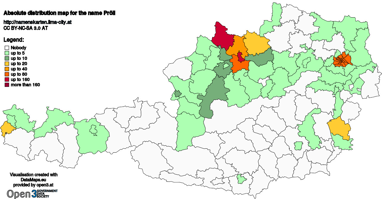 Absolute Distribution maps for surname Pröll