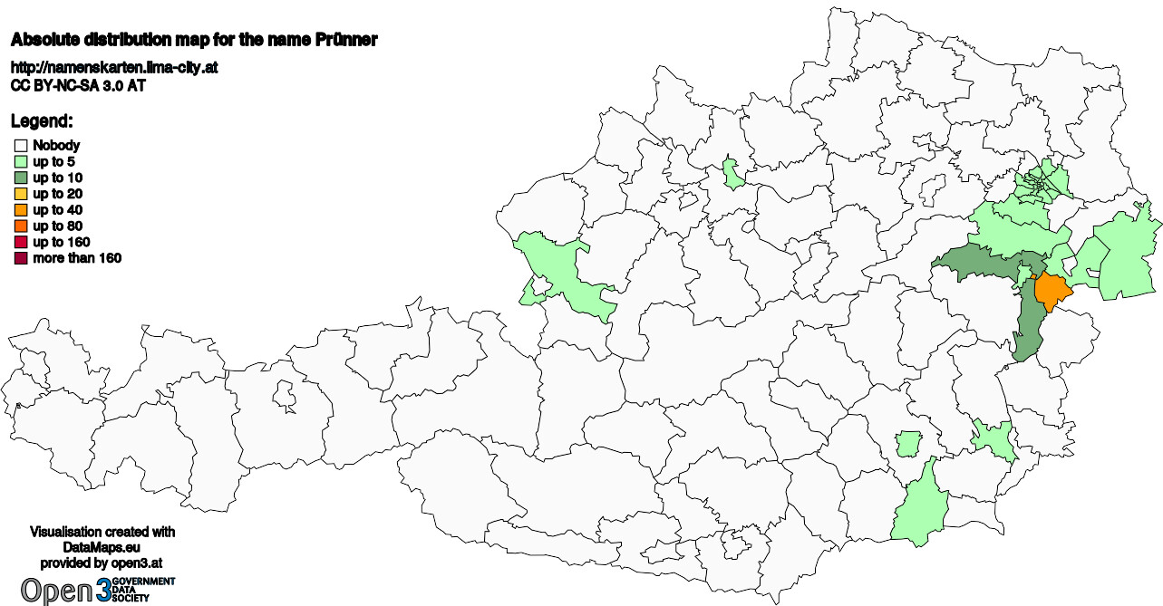 Absolute Distribution maps for surname Prünner