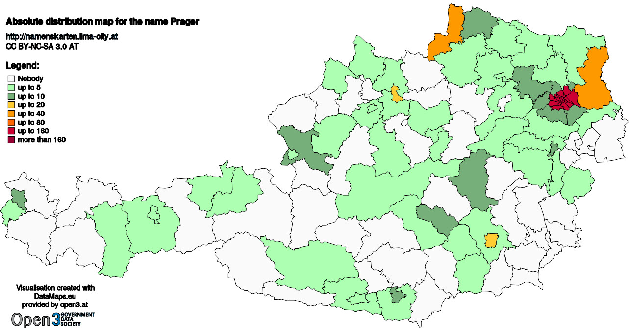 Absolute Distribution maps for surname Prager