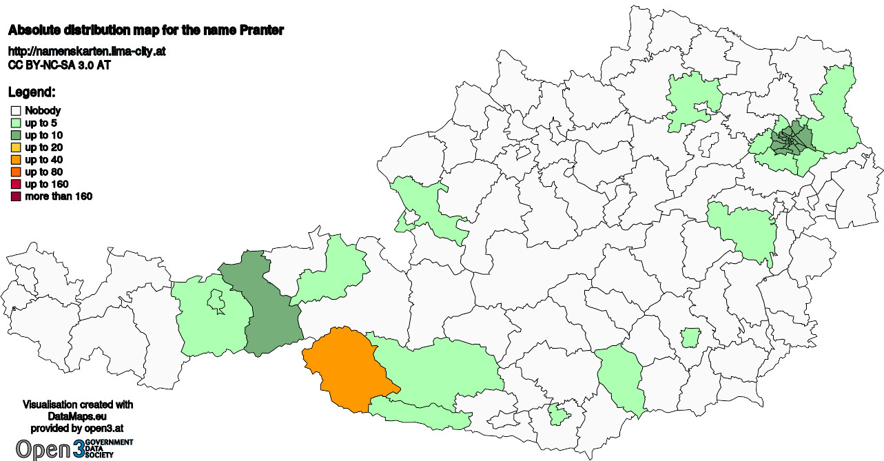 Absolute Distribution maps for surname Pranter