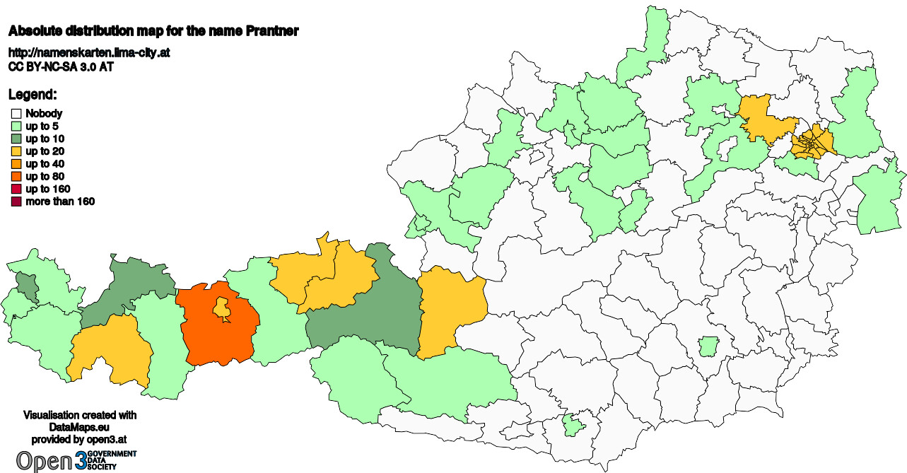 Absolute Distribution maps for surname Prantner