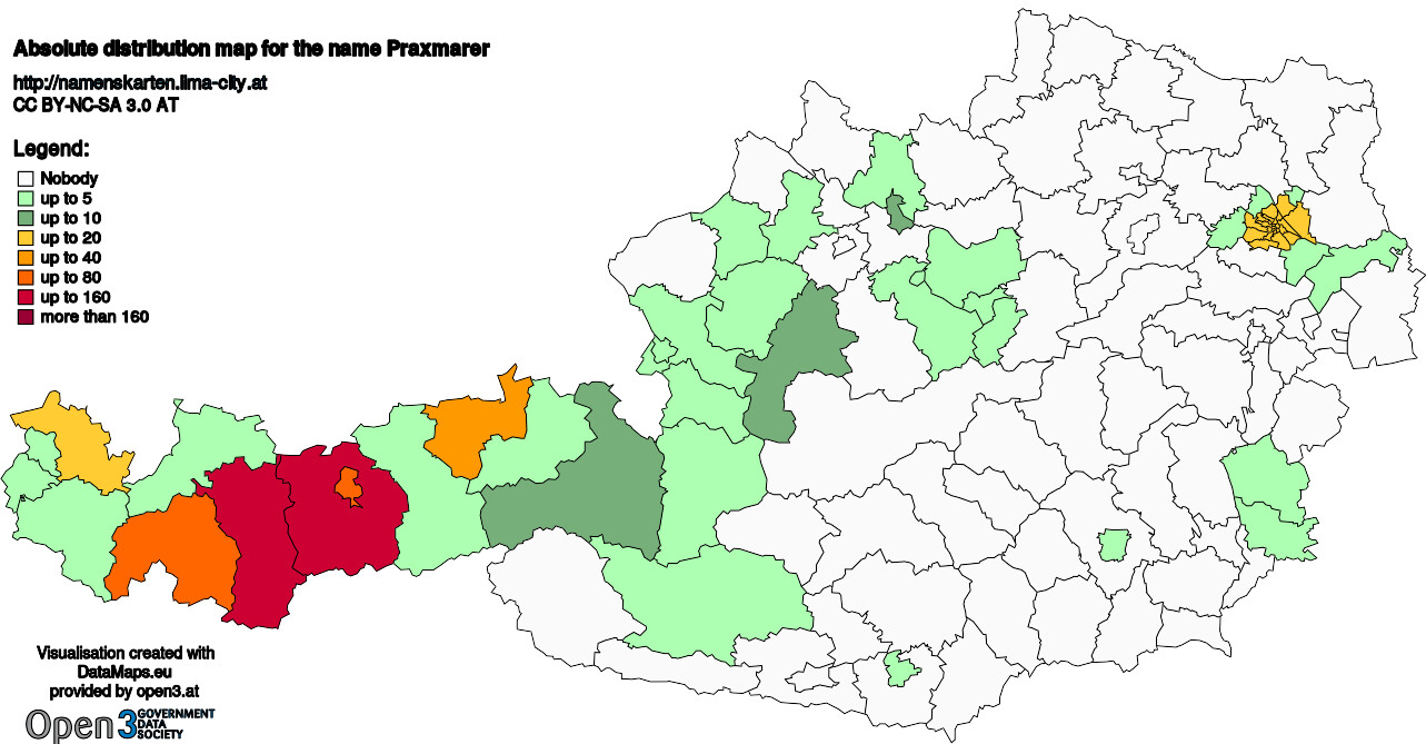 Absolute Distribution maps for surname Praxmarer