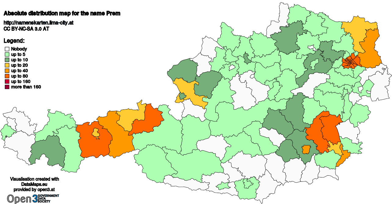 Absolute Distribution maps for surname Prem