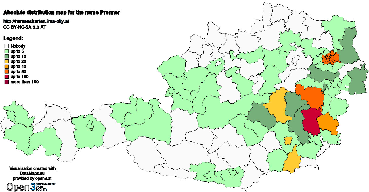 Absolute Distribution maps for surname Prenner