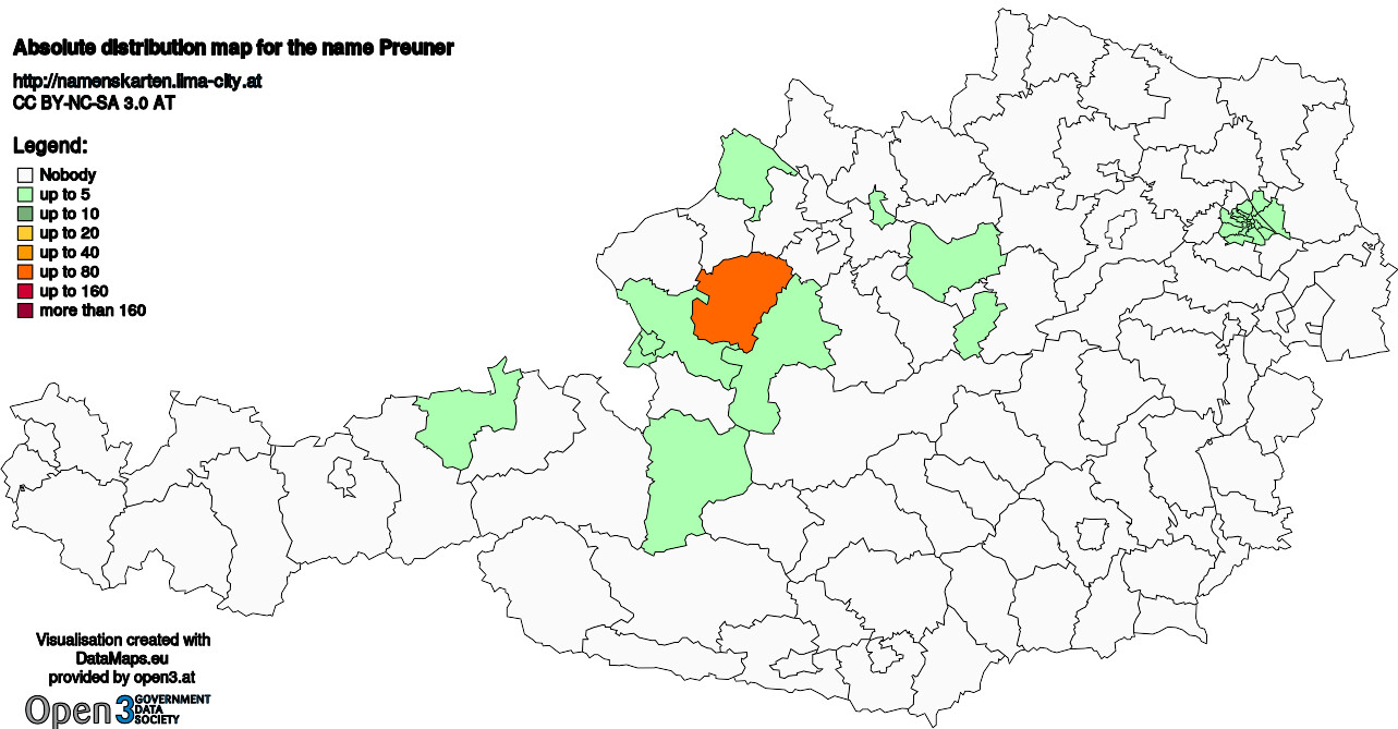 Absolute Distribution maps for surname Preuner