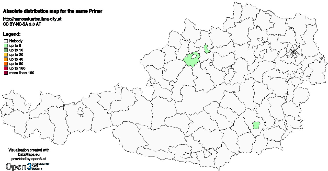 Absolute Distribution maps for surname Priner