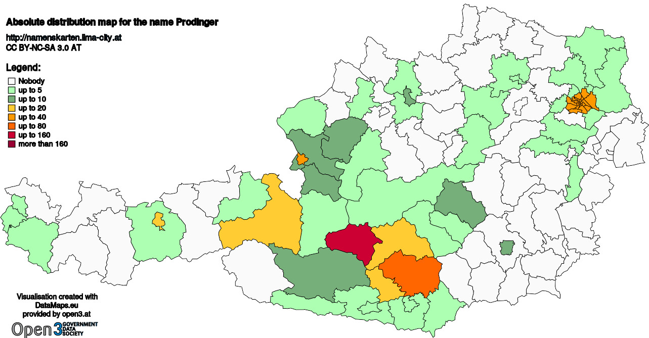 Absolute Distribution maps for surname Prodinger