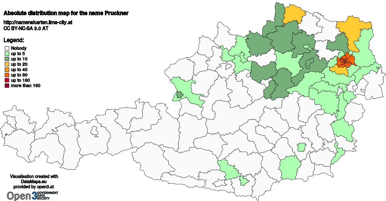 Absolute Distribution maps for surname Pruckner
