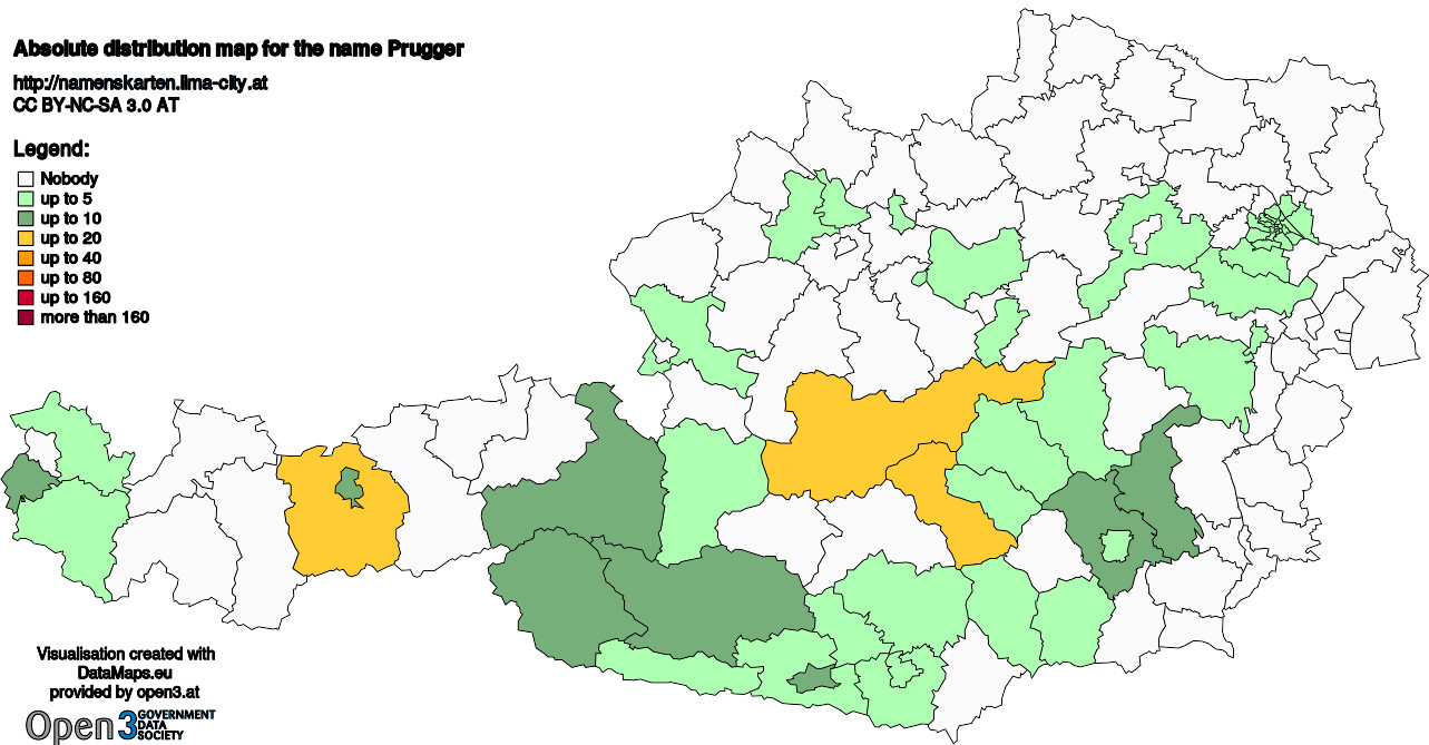 Absolute Distribution maps for surname Prugger