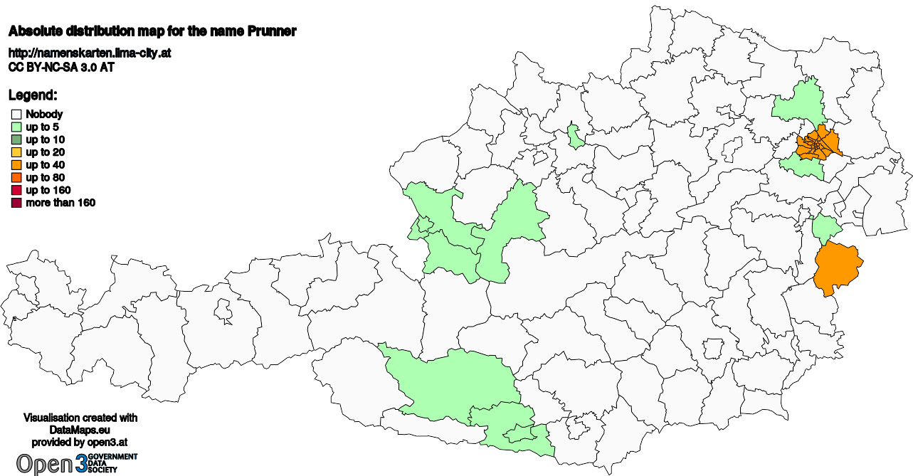 Absolute Distribution maps for surname Prunner
