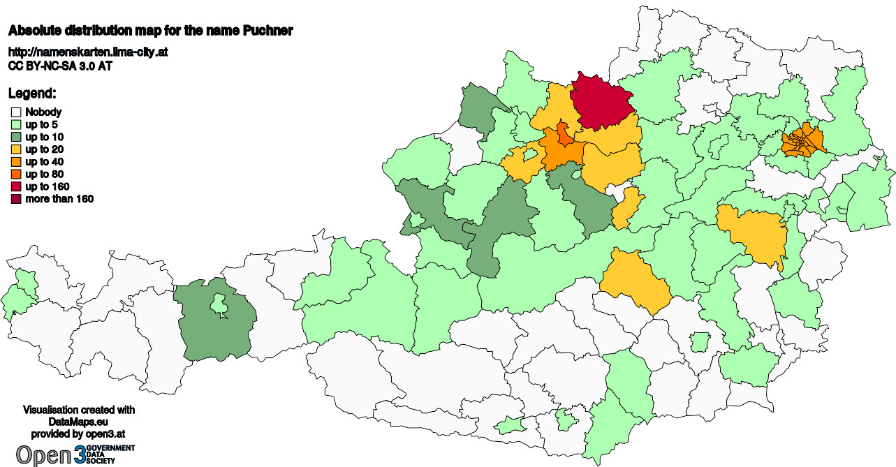 Absolute Distribution maps for surname Puchner